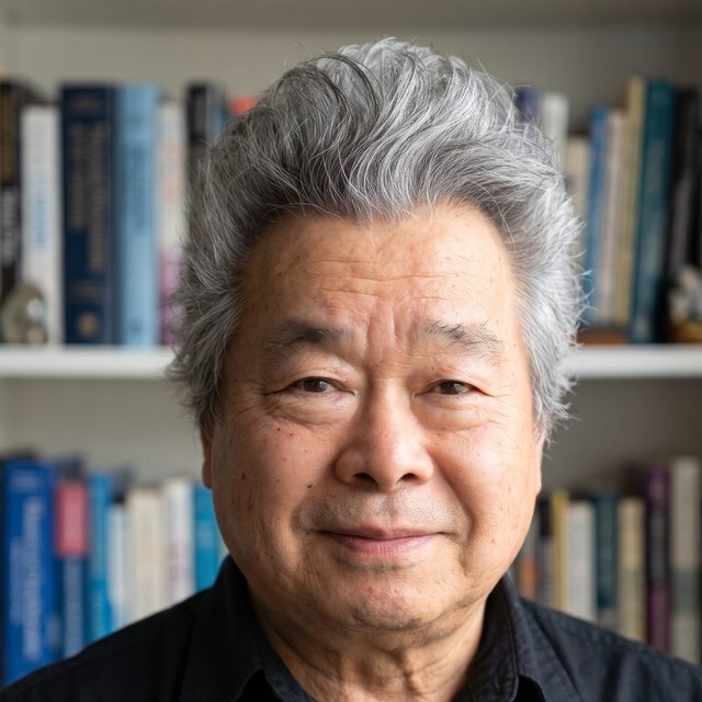 Dr. Roberto Sussumu Wataya sorrindo, com um celular na mão, diante de uma estante de livros