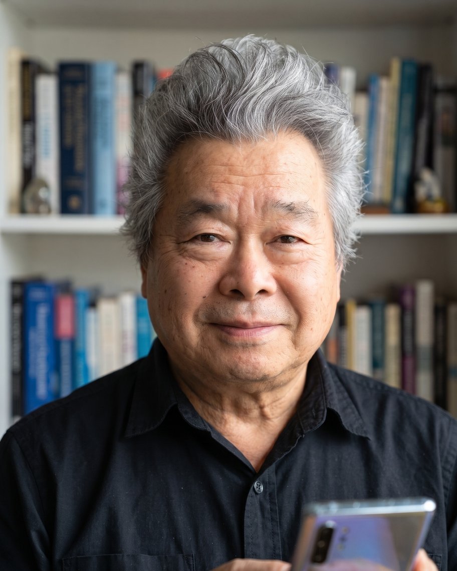 Dr. Roberto Sussumu Wataya sorrindo, com um celular na mão, diante de uma estante de livros