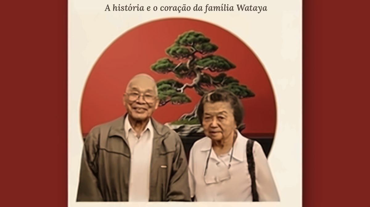 Sasuke e Kiyoka Wataya diante de um bonsai e de um sol vermelho, na capa do livro Evocação